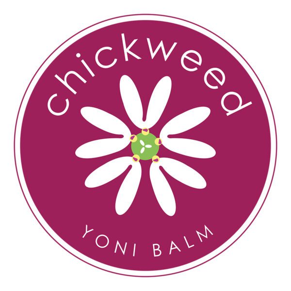 A circular image of the Chickweed Yoni Balm product. A solid light purple circle, with white text and a white flower symbol at the centre.