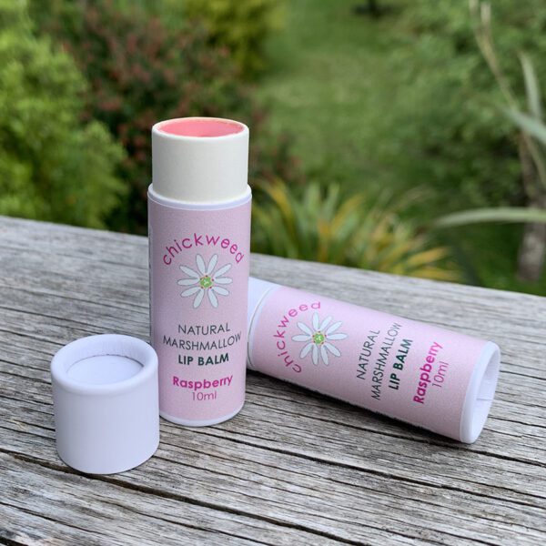 Image of two tubes of marshmallow root raspberry lip balm, one lying on an outside table, the other upright with the lid removed revealing the pink balm inside. Garden in the background.